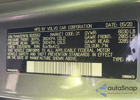 2020 Volvo Xc90 T6 Momentum 6 Passenger z USA, uszkodzony, nr VIN YV4A221K9L1620562